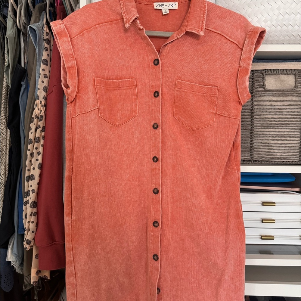 She + Sky Coral Button-Up Sleeveless Dress